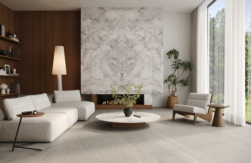 Dolcissima Mystic Cascade Polished Marble Look Porcelain Slab 60x126 12mm Bookmatch A installed in a living room