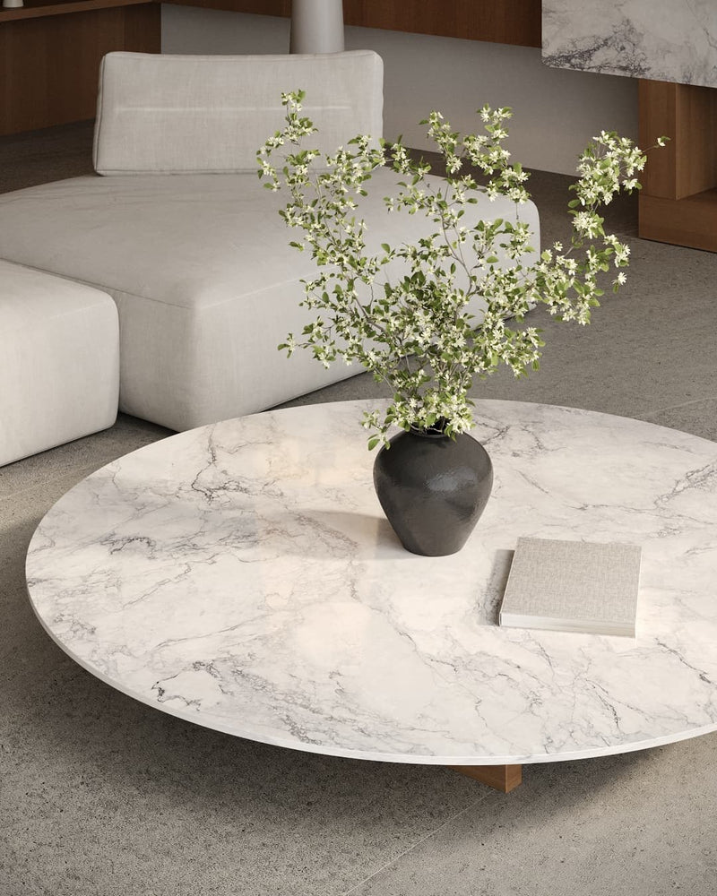 Dolcissima Mystic Cascade Polished Marble Look Porcelain Slab 60x126 12mm Bookmatch B installed in a living room, view 2
