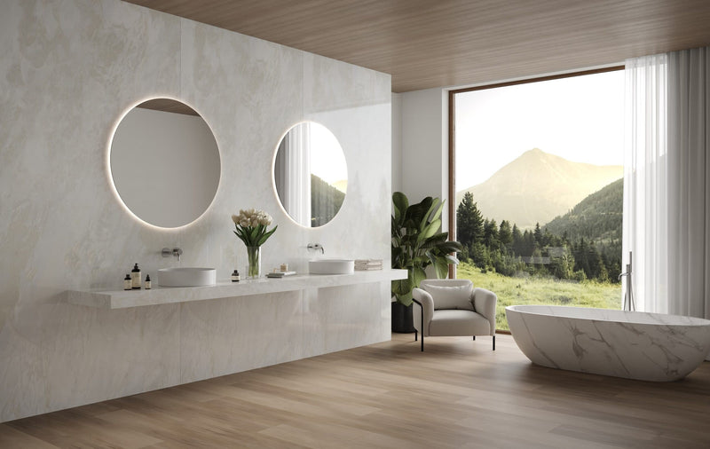 Dolcissima Namibia White Polished Marble Look Porcelain Slab 60x126 12mm installed in a bathroom