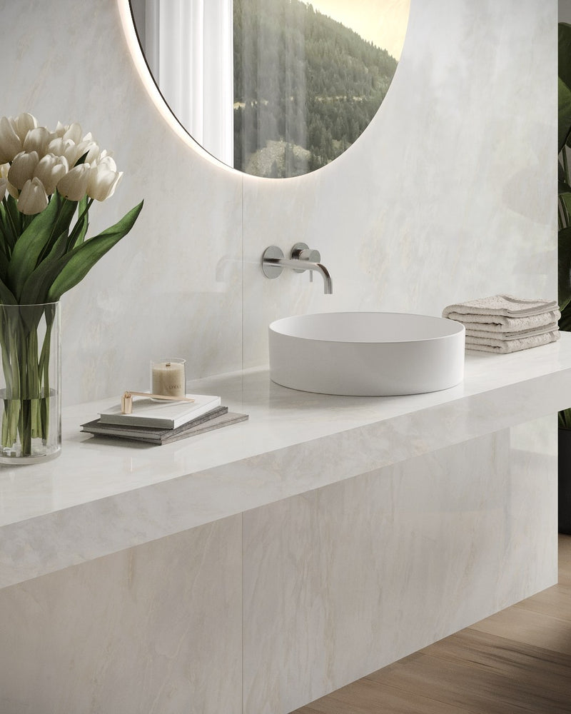 Dolcissima Namibia White Silky Marble Look Porcelain Slab 60x126 12mm installed in a bathroom, view 2