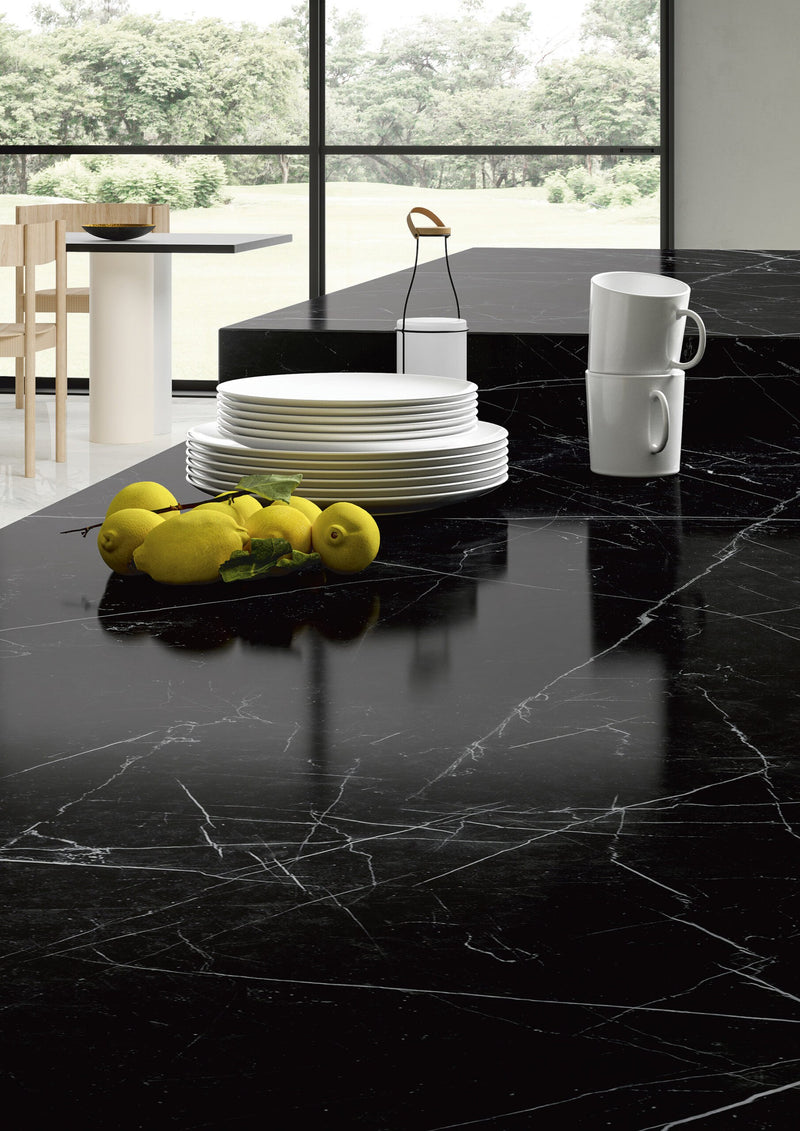 Dolcissima Nero Marquina Natural Marble Look Porcelain Slab 60x126 12mm installed in a kitchen, view 2