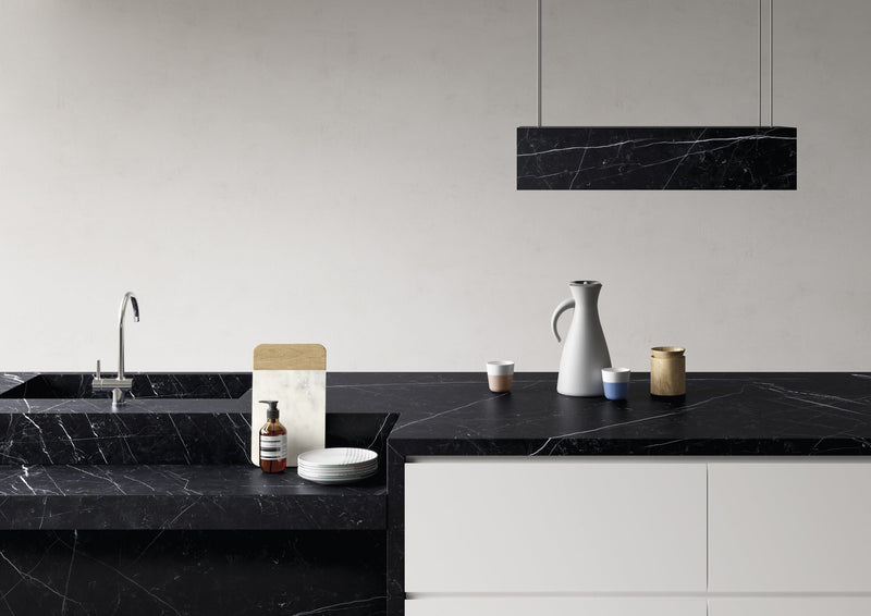Dolcissima Nero Marquina Natural Marble Look Porcelain Slab 60x126 12mm installed in a kitchen, view 3