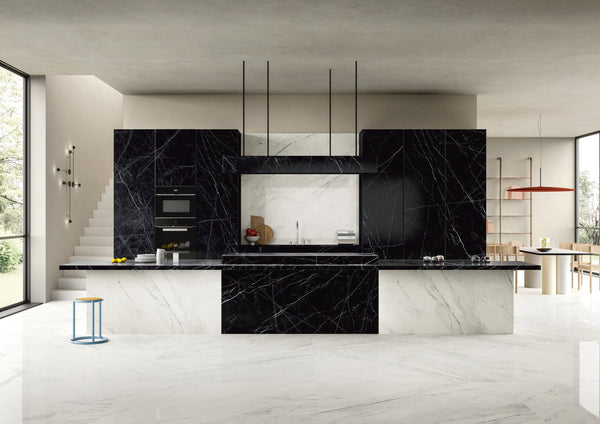 Dolcissima Nero Marquina Natural Marble Look Porcelain Slab 60x126 12mm installed in a kitchen