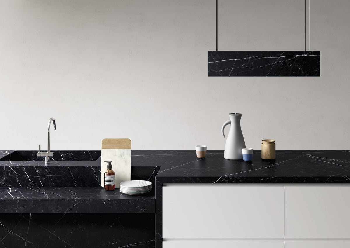 Dolcissima Nero Marquina Polished Marble Look Porcelain Slab 60x126 12mm installed in a kitchen, view 3