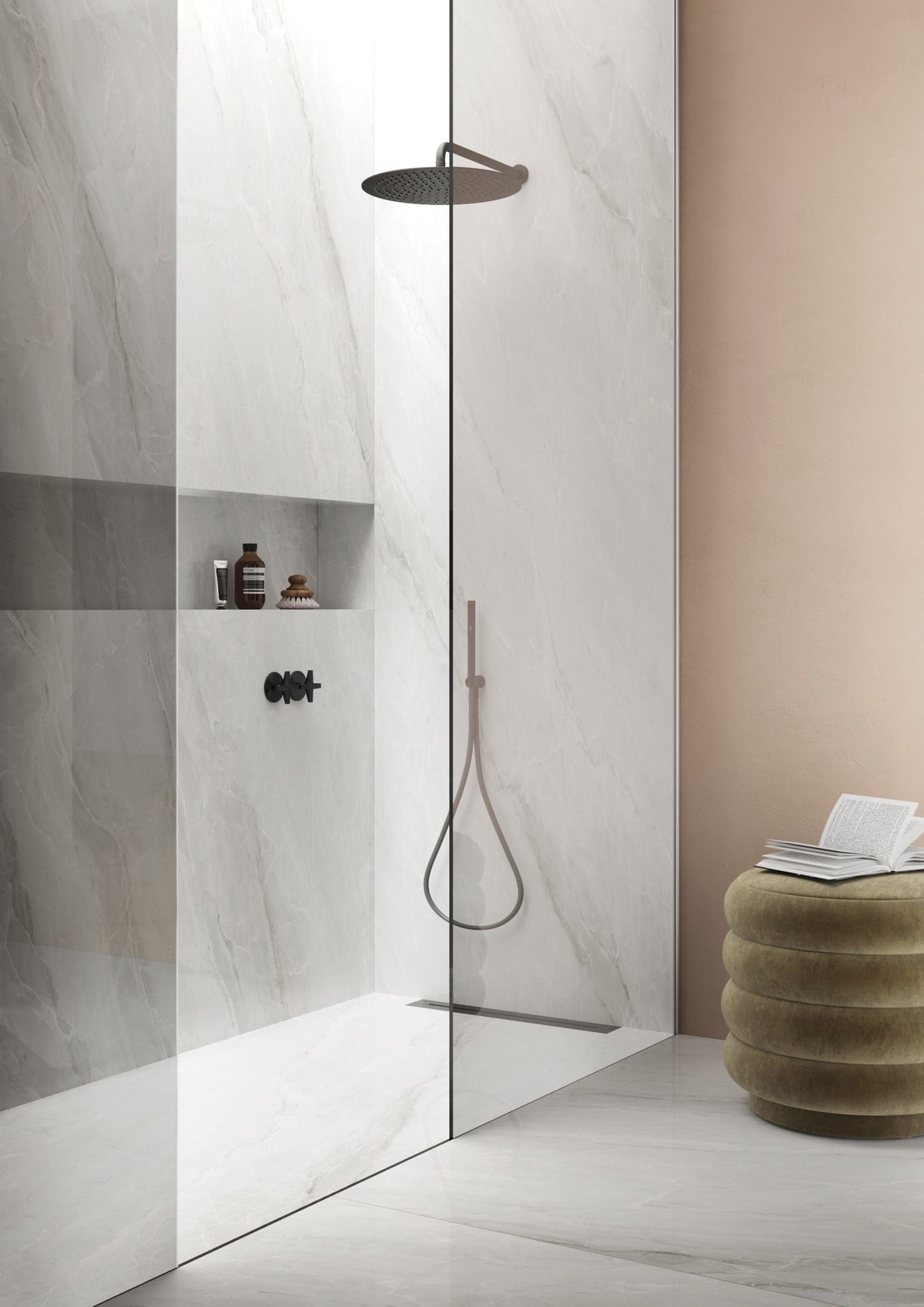 Dolcissima Pietra Bianca Natural Marble Look Porcelain Slab 60x126 12mm Bookmatch A installed in a bathroom, view 2