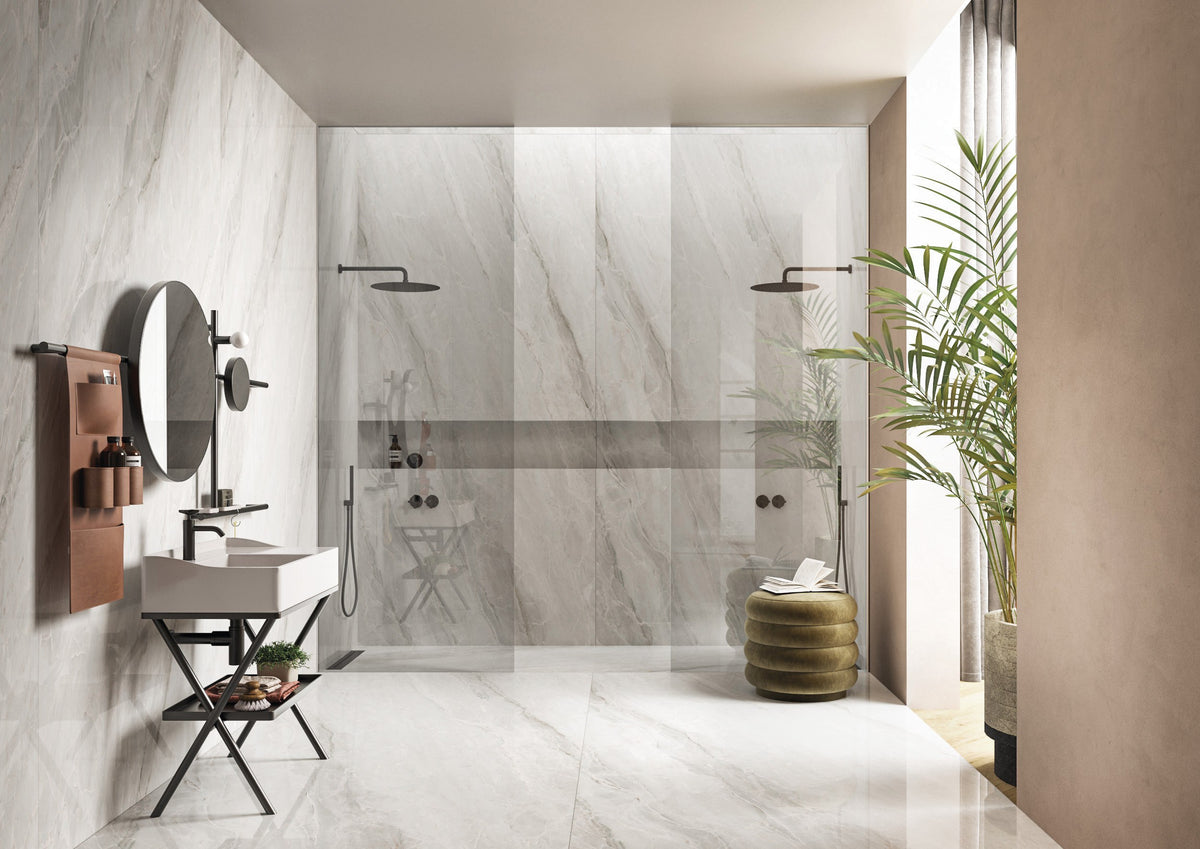 Dolcissima Pietra Bianca Natural Marble Look Porcelain Slab 60x126 12mm installed in a bathroom, view 3