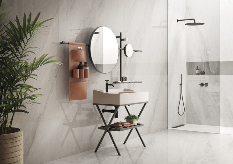 Dolcissima Pietra Bianca Polished Marble Look Porcelain Slab 60x126 12mm installed in a bathroom