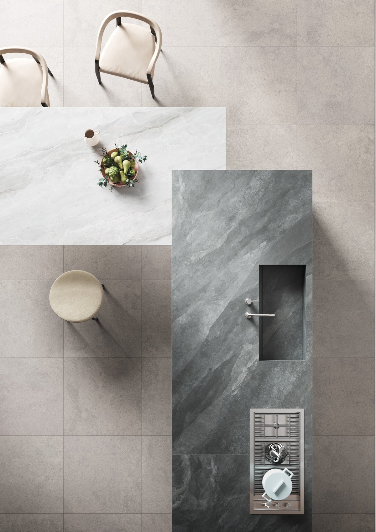 Dolcissima Pietra Scura Natural Marble Look Porcelain Slab 60x126 12mm Bookmatch A installed in a kitchen, view 2