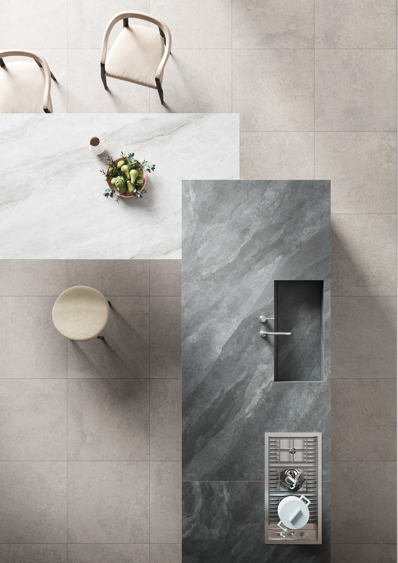 Dolcissima Pietra Scura Natural Marble Look Porcelain Slab 60x126 12mm Bookmatch A installed in a kitchen, view 2