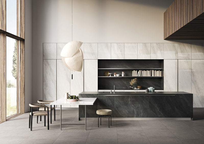 Dolcissima Pietra Scura Natural Marble Look Porcelain Slab 60x126 12mm installed in a kitchen, view 3