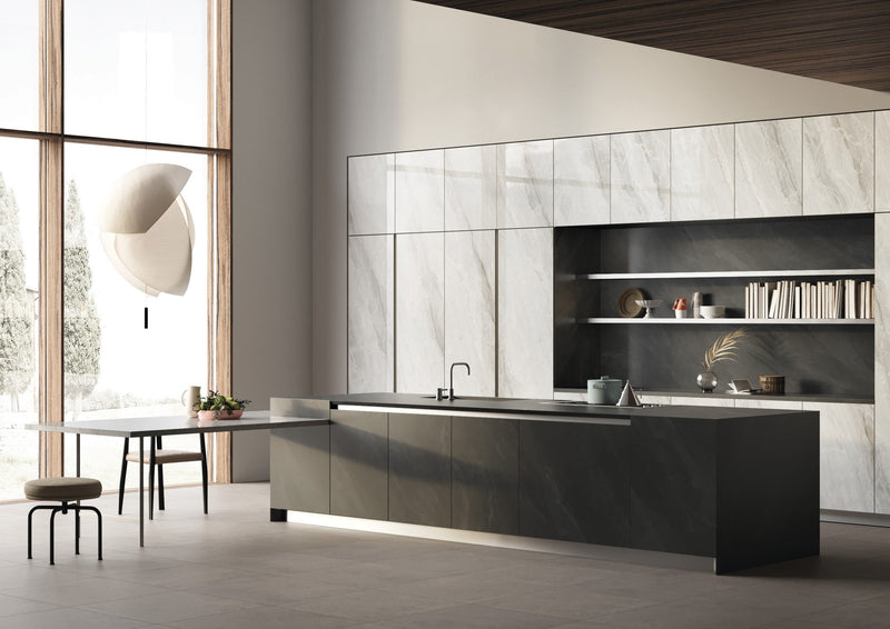 Dolcissima Pietra Scura Natural Marble Look Porcelain Slab 60x126 12mm installed in a kitchen