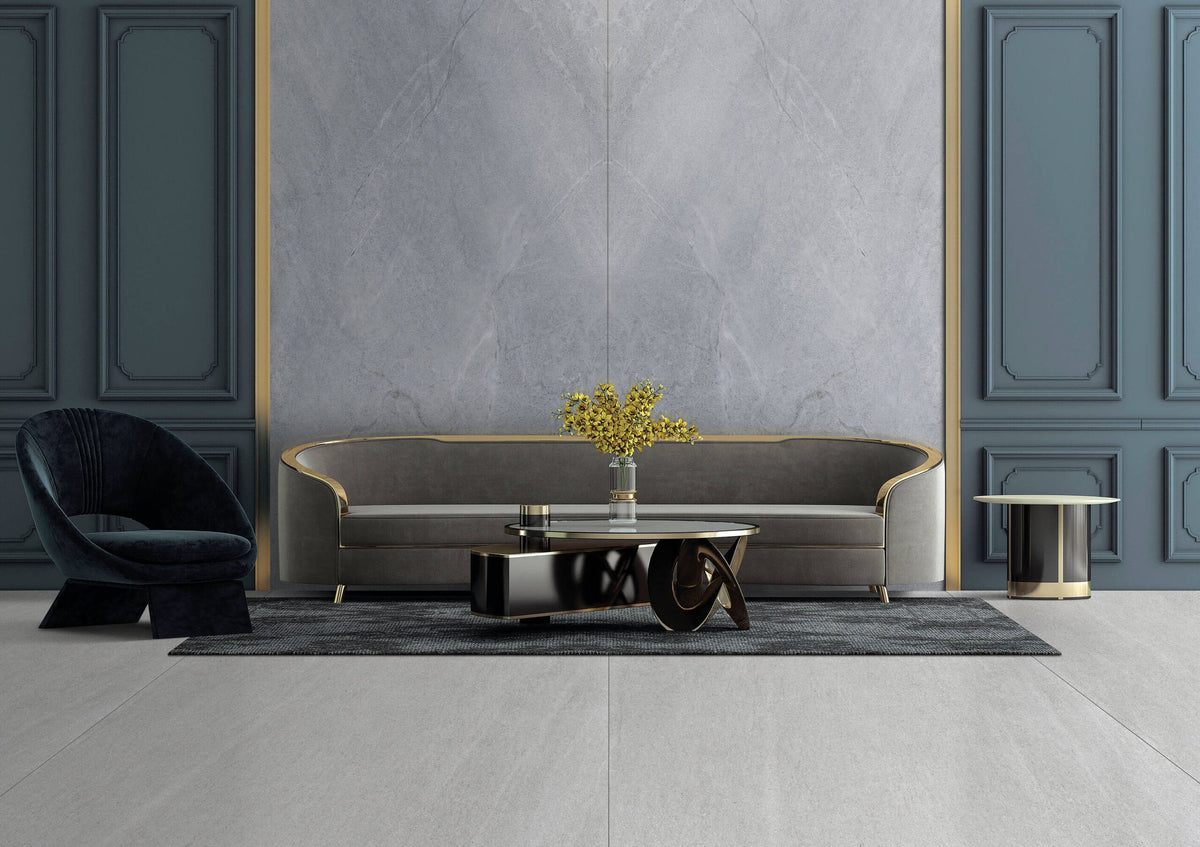Dolcissima Savoie Blue Natural Marble Look Porcelain Slab 60x126 12mm Bookmatch B installed in a living room