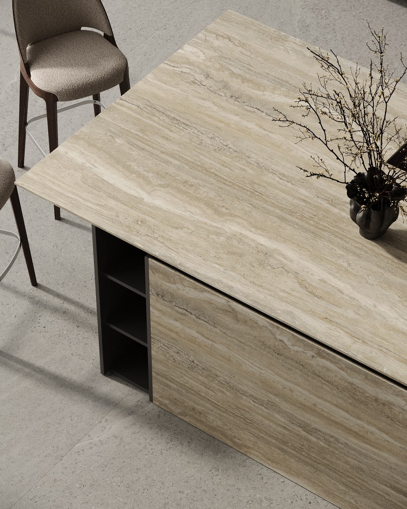 Dolcissima Silver Serenity Silky Marble Look Porcelain Slab 60x126 12mm installed in a kitchen, view 2