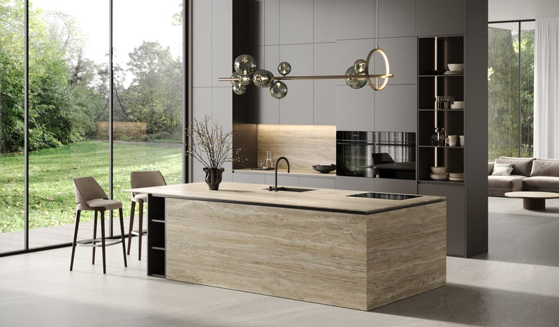 Dolcissima Silver Serenity Silky Marble Look Porcelain Slab 60x126 12mm installed in a kitchen