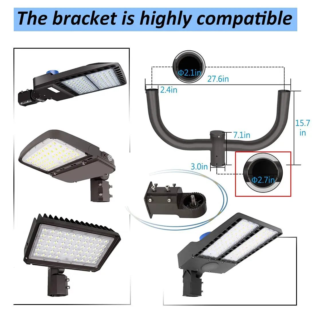 Double Bullhorn Bracket LED Parking Lot Light 180 Degree Aluminum Mounting Bracket Round Pole Double L Bracket Tenons by Outdoor Solar Outlet