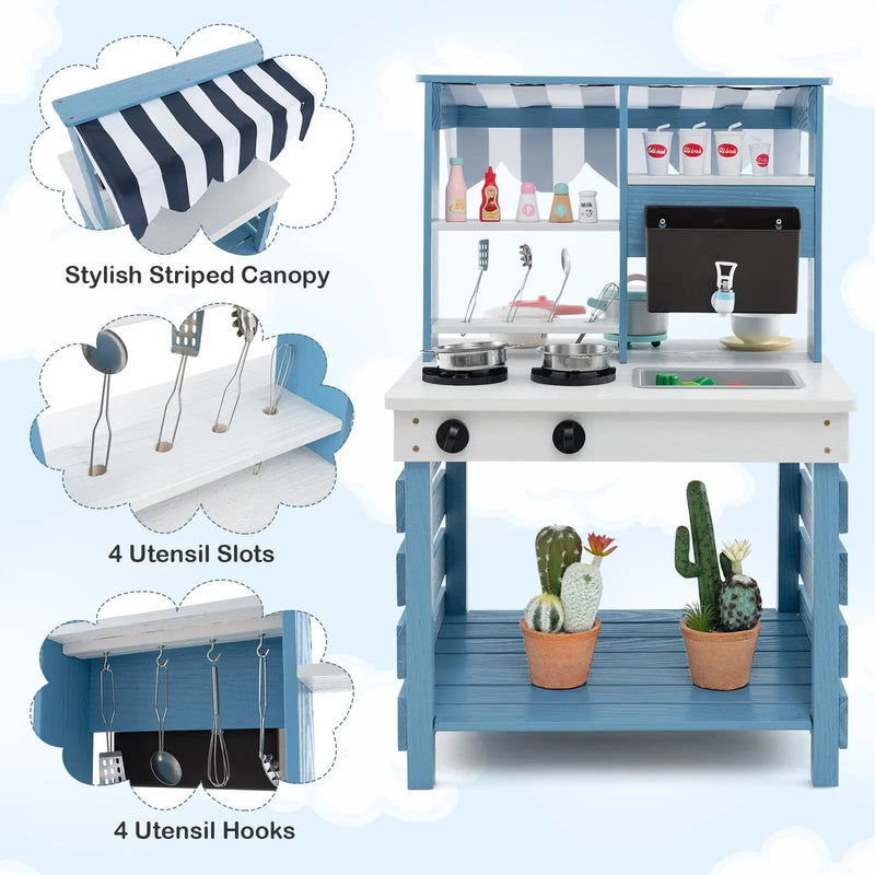 Double-sided Wooden Play Kitchen and Grocery Stand with Stoves for Kids 3+ Years Old by DirectDeals