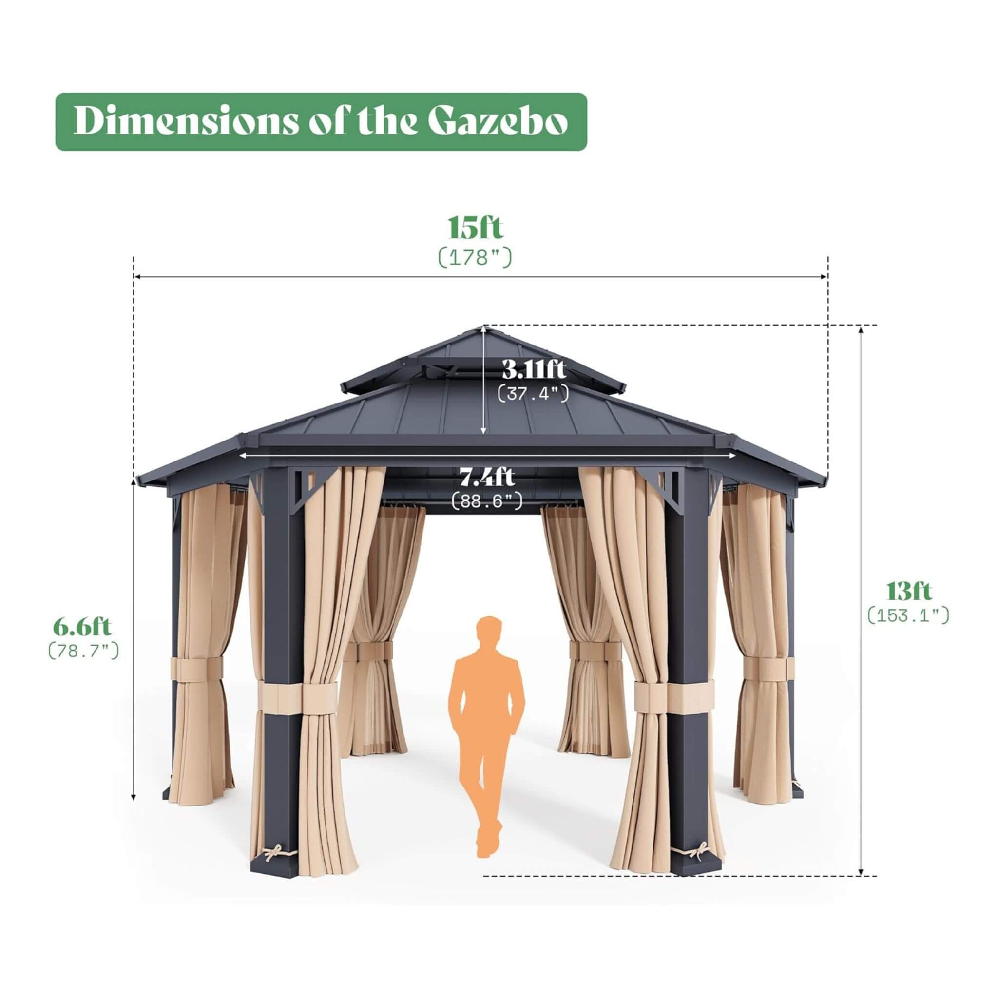 [13X15FT] Alora Double-Tier Hexagonal Metal Hardtop Patio Gazebo With Curtains (SAK84137) by SAKSBY WHOLESALE