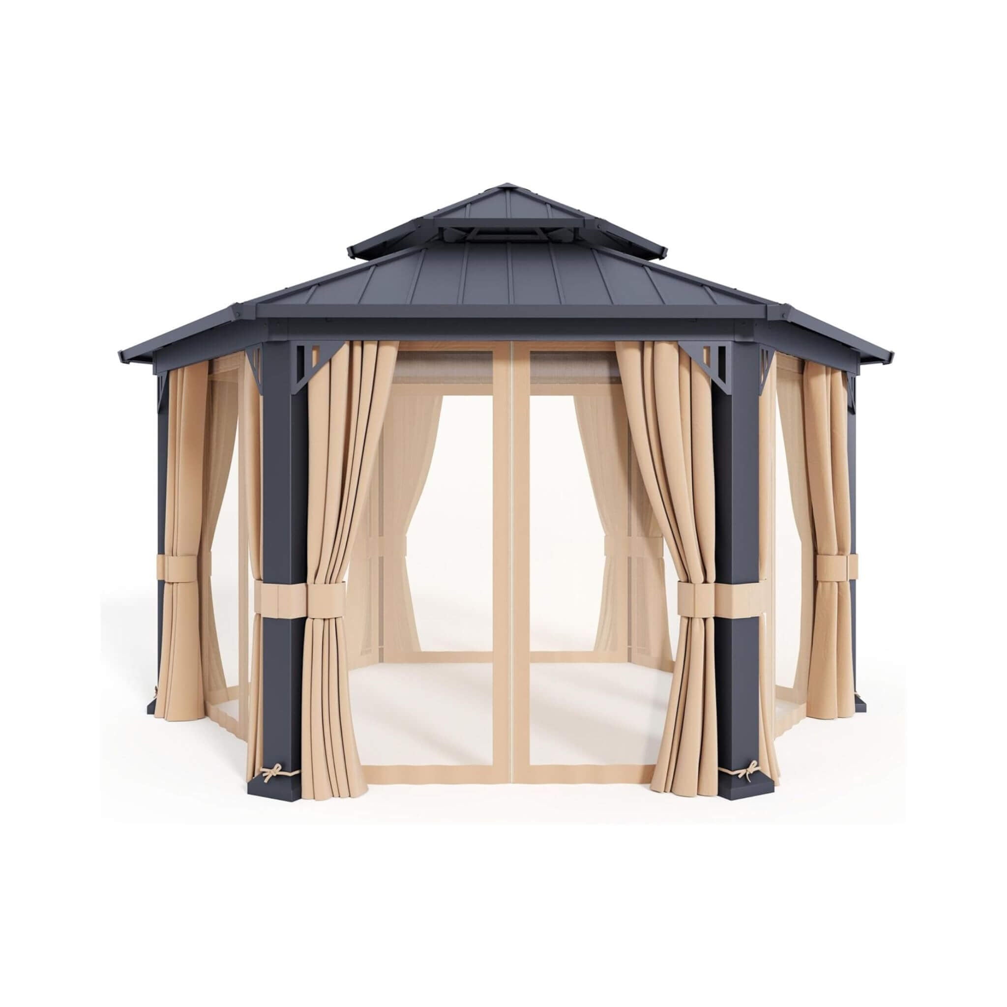 [13X15FT] Alora Double-Tier Hexagonal Metal Hardtop Patio Gazebo With Curtains (SAK84137) by SAKSBY WHOLESALE