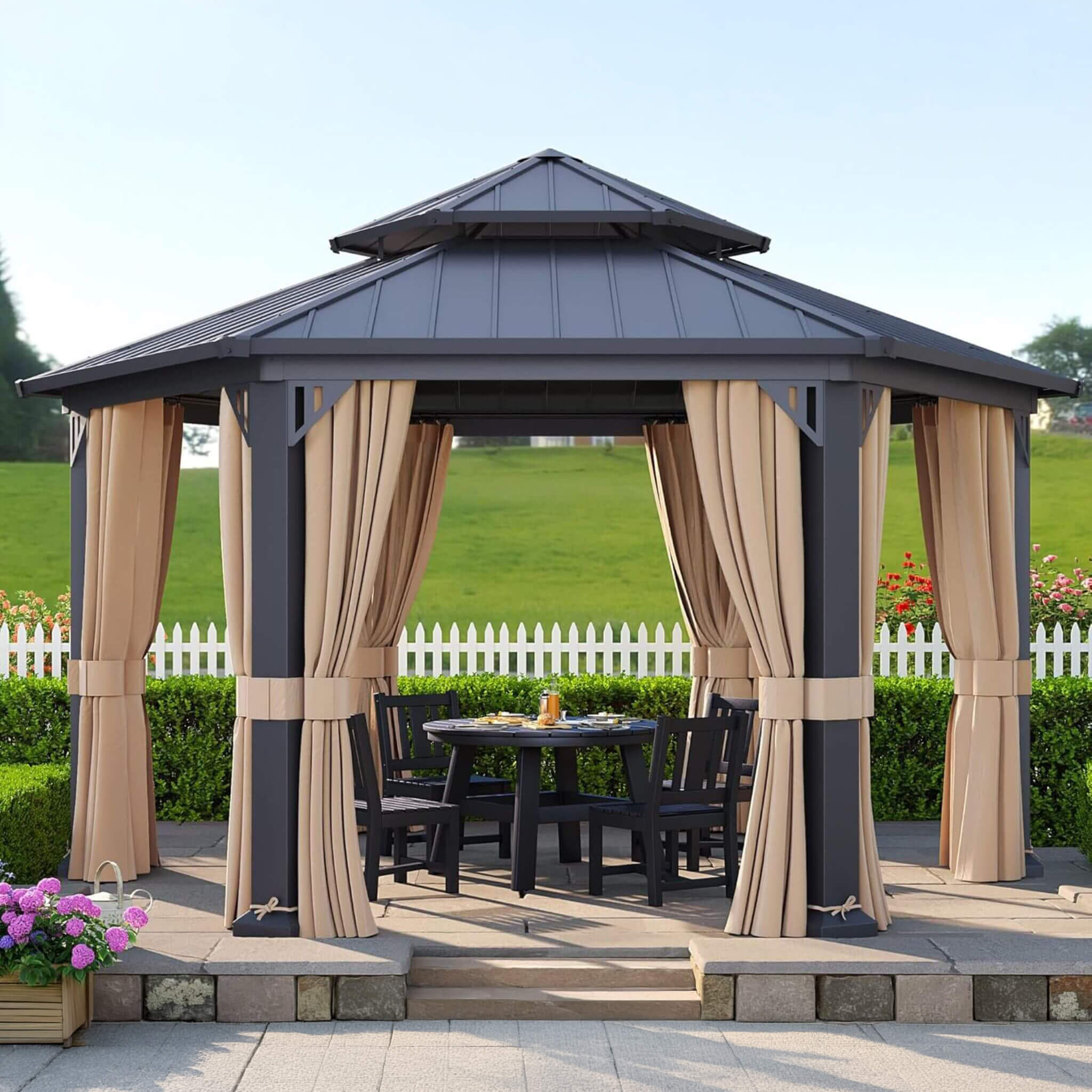 [13X15FT] Alora Double-Tier Hexagonal Metal Hardtop Patio Gazebo With Curtains (SAK84137) by SAKSBY WHOLESALE
