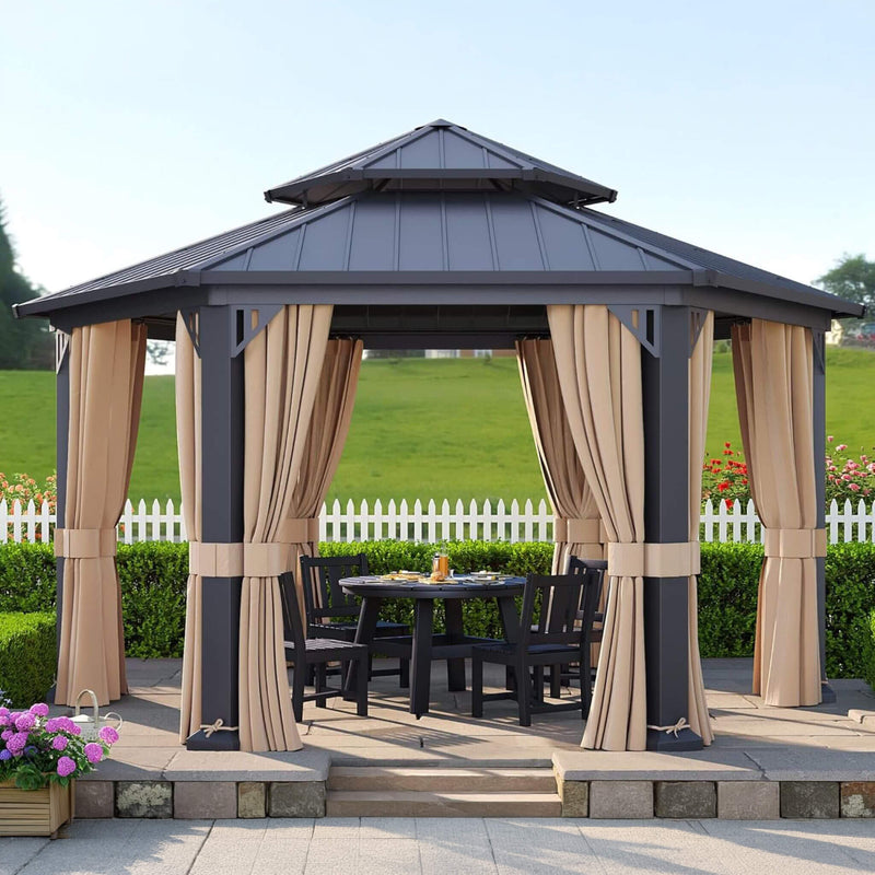 [13X15FT] Alora Double-Tier Hexagonal Metal Hardtop Patio Gazebo With Curtains (SAK84137) by SAKSBY WHOLESALE