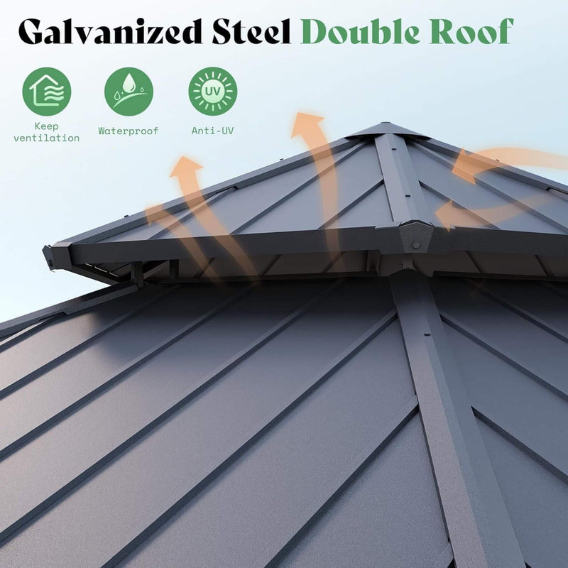[13X15FT] Alora Double-Tier Hexagonal Metal Hardtop Patio Gazebo With Curtains (SAK84137) by SAKSBY WHOLESALE