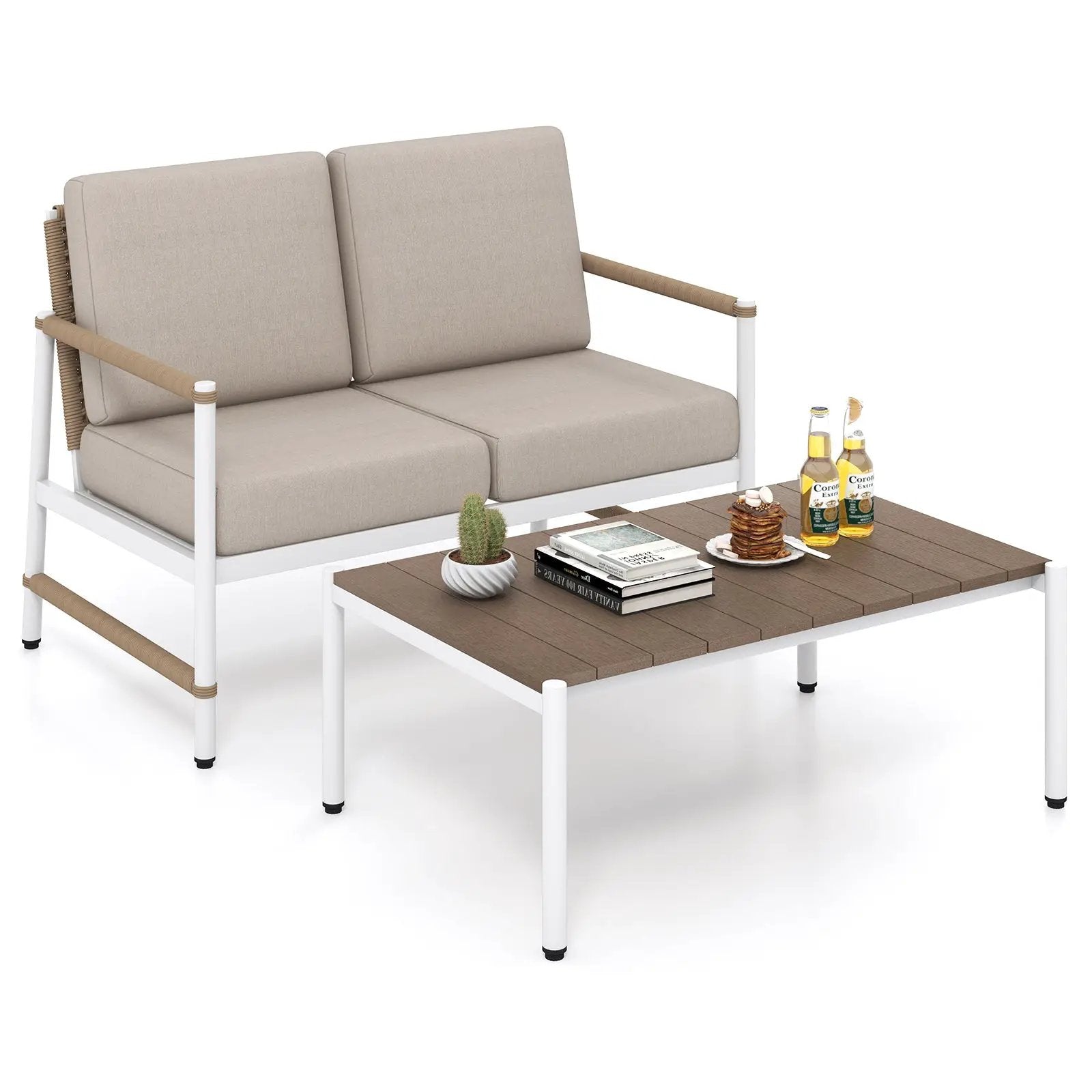 Patio Loveseat Sofa with Coffee Table Set with Thick Cushions by DirectDeals