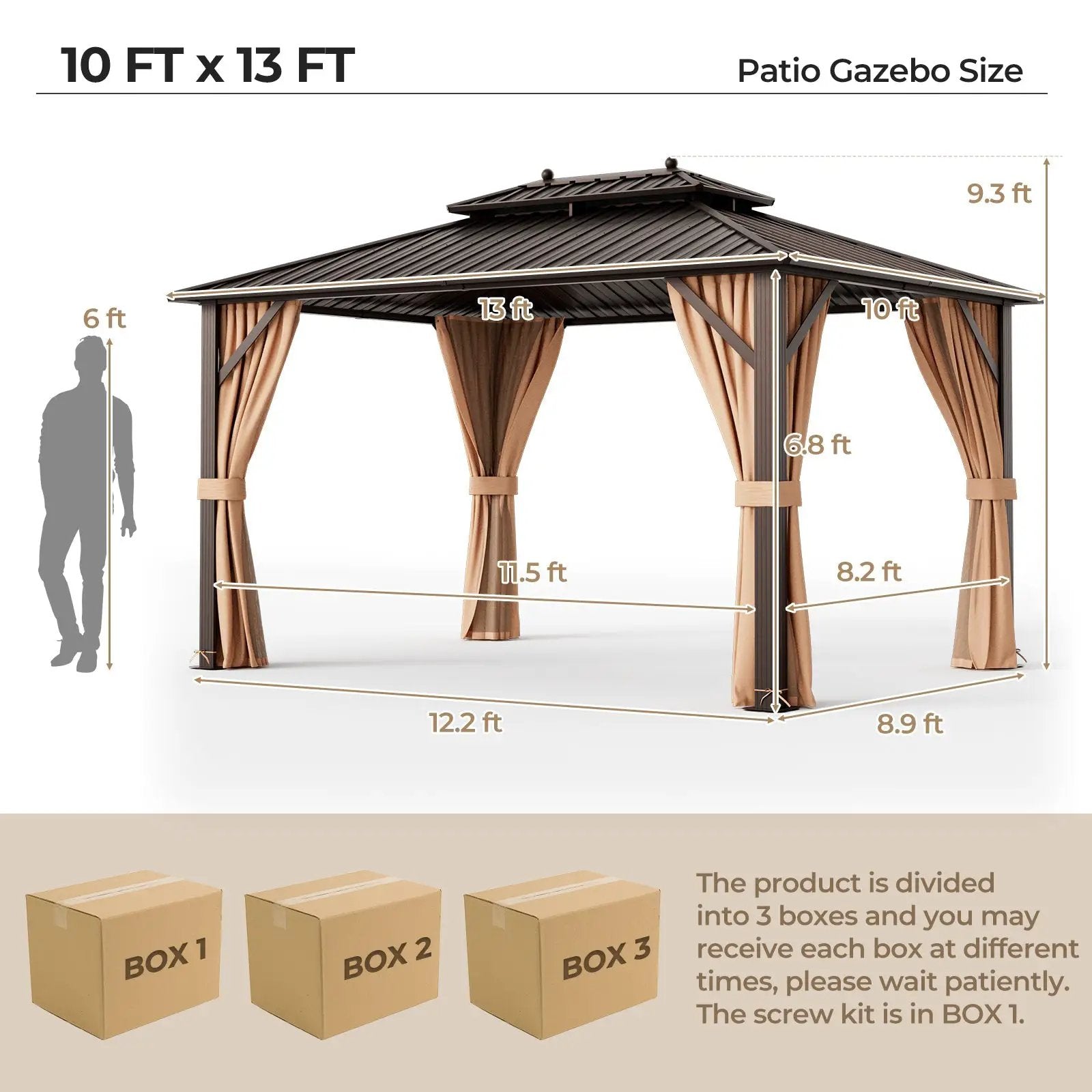 10x13ft Double-Roof Patio Hardtop Gazebo with Galvanized Steel Roof Netting and Curtains-Coffee by DirectDeals