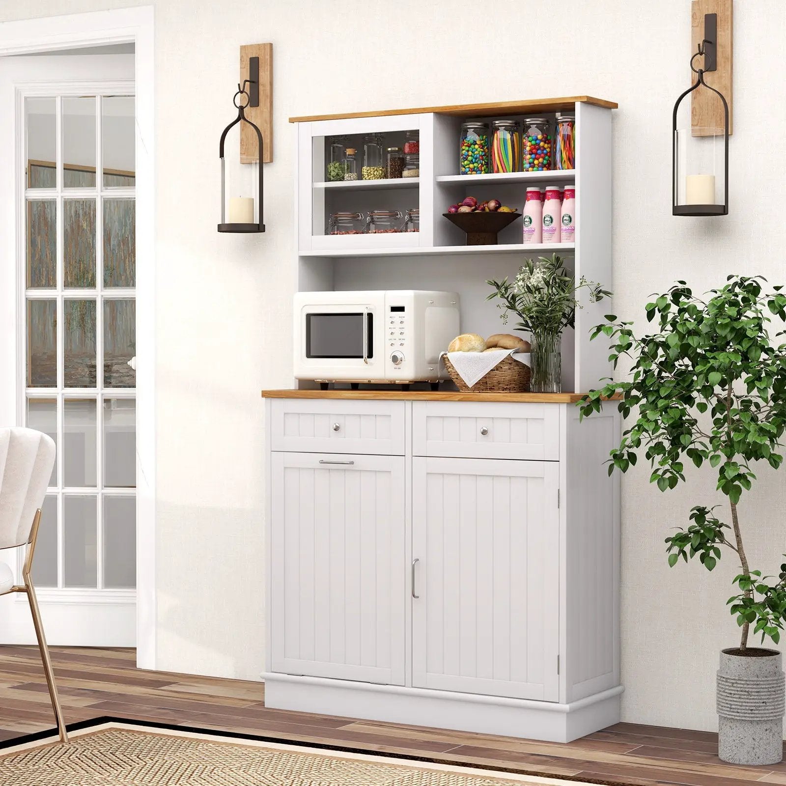 Double Tilt Out Trash Cabinet with Hutch and Rubber Wood Countertop by DirectDeals