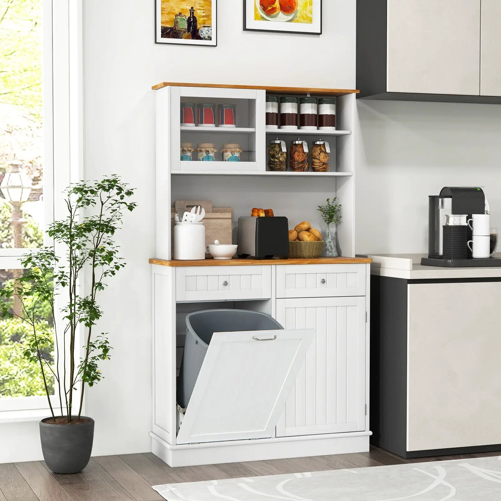 Double Tilt Out Trash Cabinet with Hutch and Rubber Wood Countertop by DirectDeals