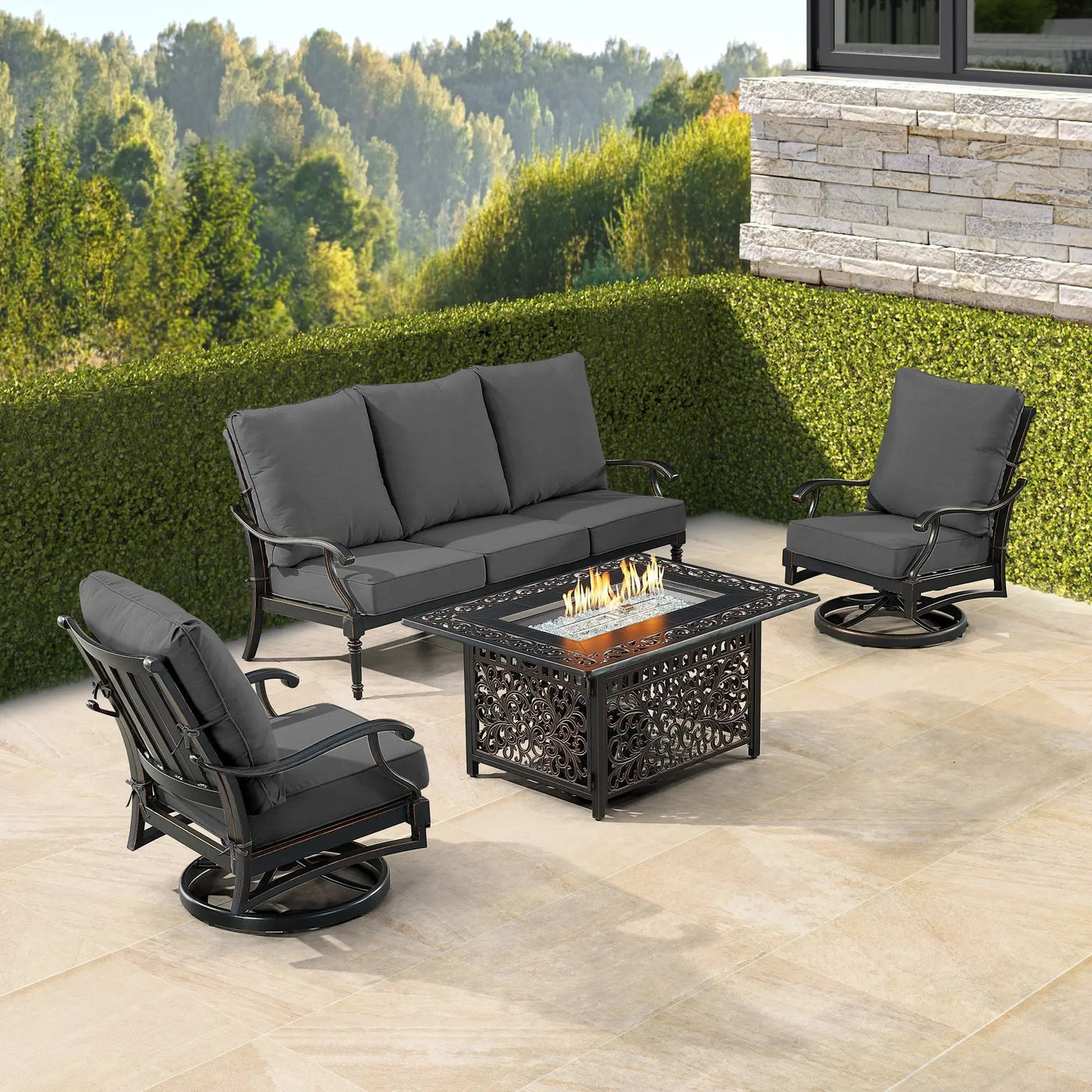 Black Aluminum Fire Table Set with Sofa and Two Club Chairs by Sharicks