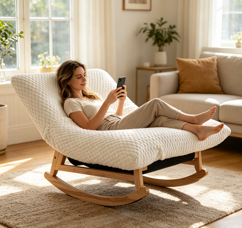 Bean Bag Rocking Chair for Adults with Solid Wood Frame, Antique White Corduroy