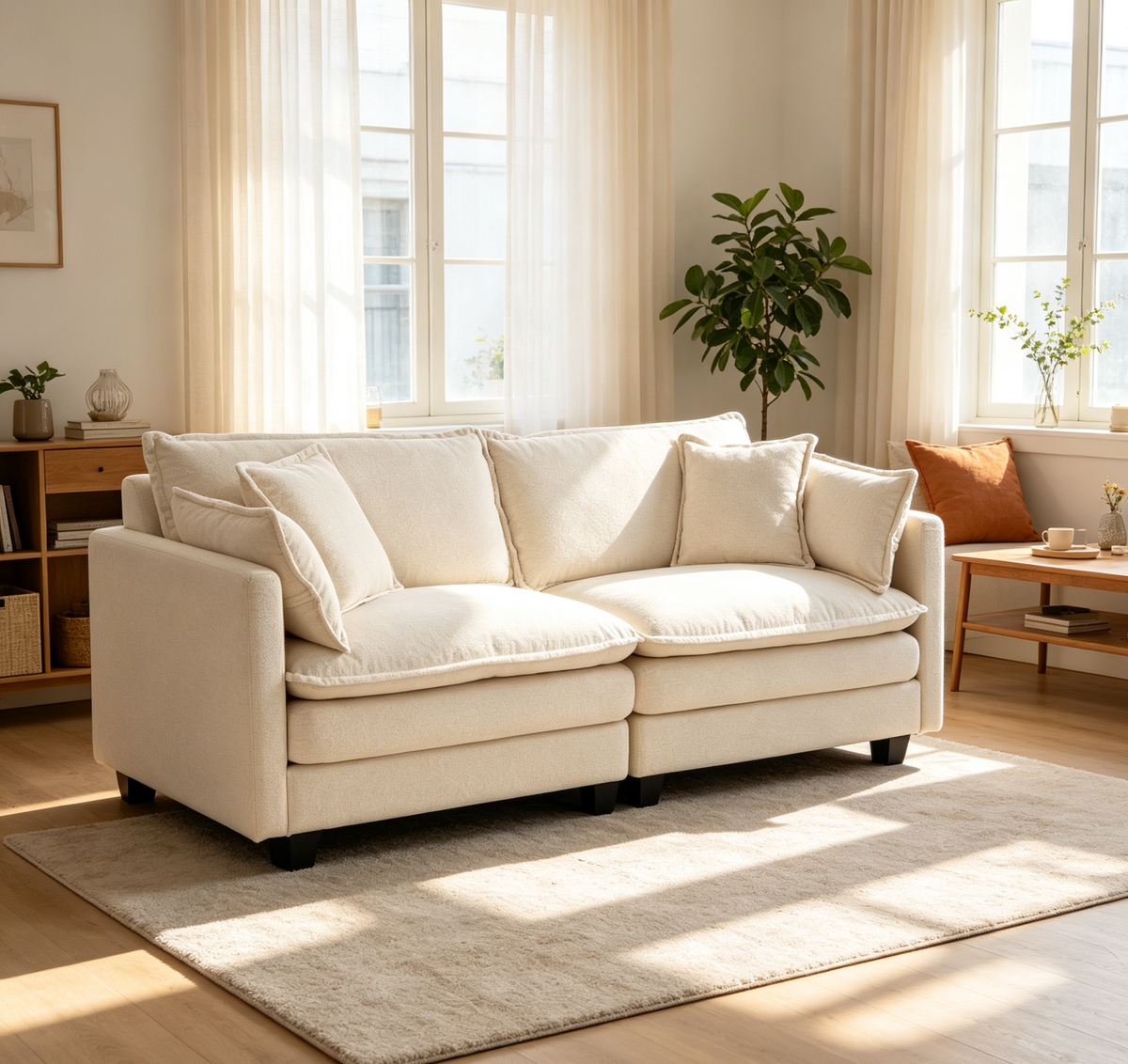 Modern 2-Seat Sectional Sofa, 77.95-Inch, Chenille, Antique White