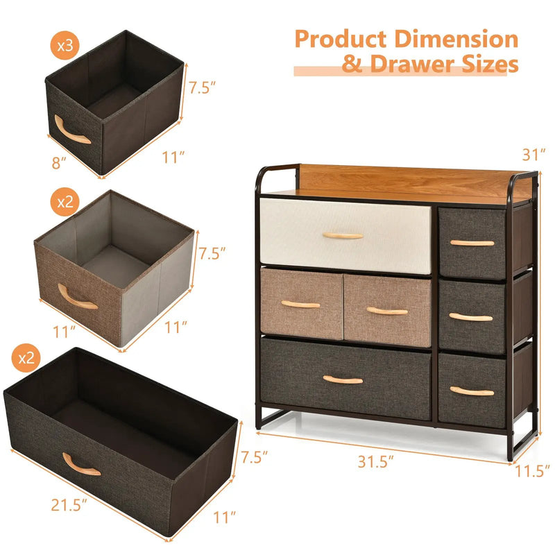 7 Drawer Tower Steel Frame and Wooden Top Dresser Storage Chest for Bedroom by DirectDeals