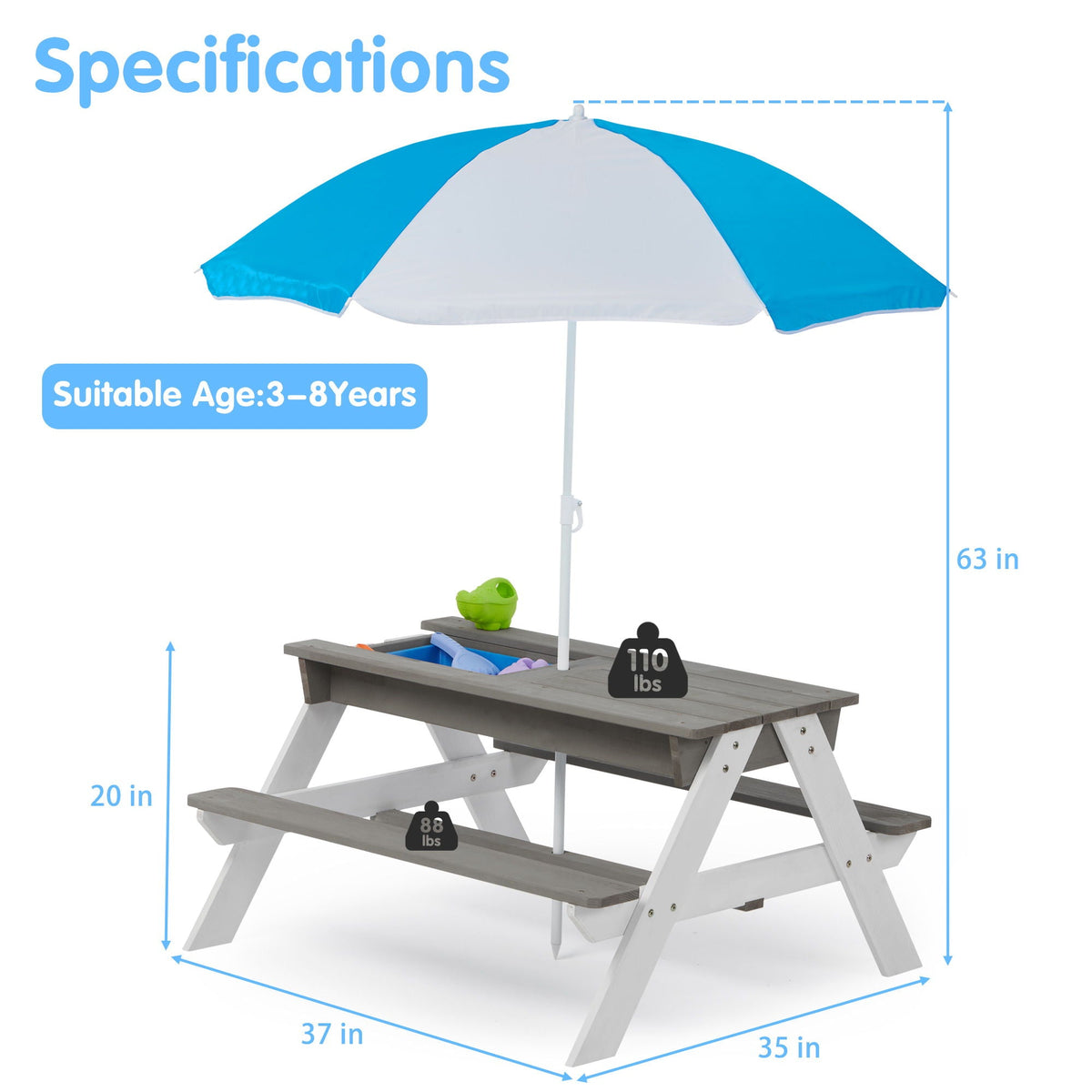 3-In-1 Kids Outdoor Wooden Picnic Table with Umbrella - Wood, photo 8 of 8