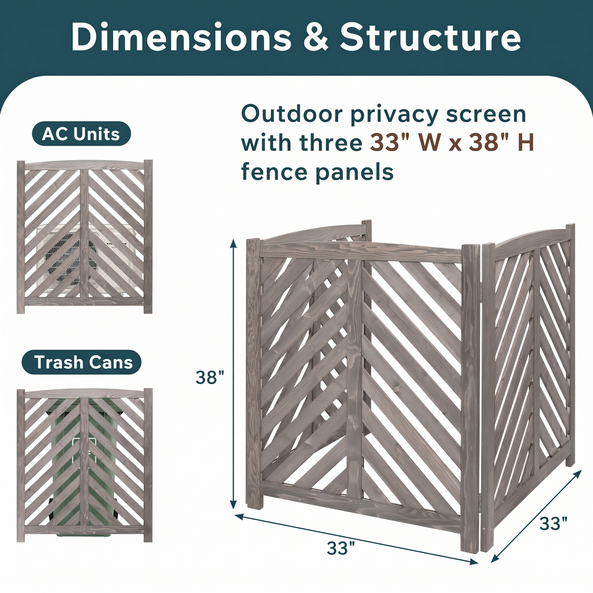 Air Conditioner Fence Screen, 3-Panel Cedar Privacy Enclosure, 38 Inches High, Gray, photo 3 of 10