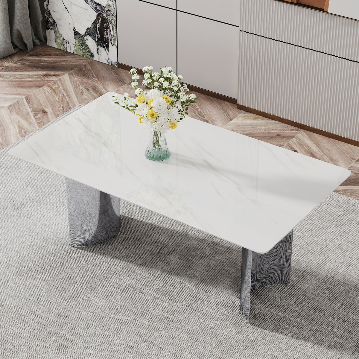 Modern Minimalist Dining Table with Imitation Marble Glass Top and Metal Legs - Black or White, photo 3 of 8