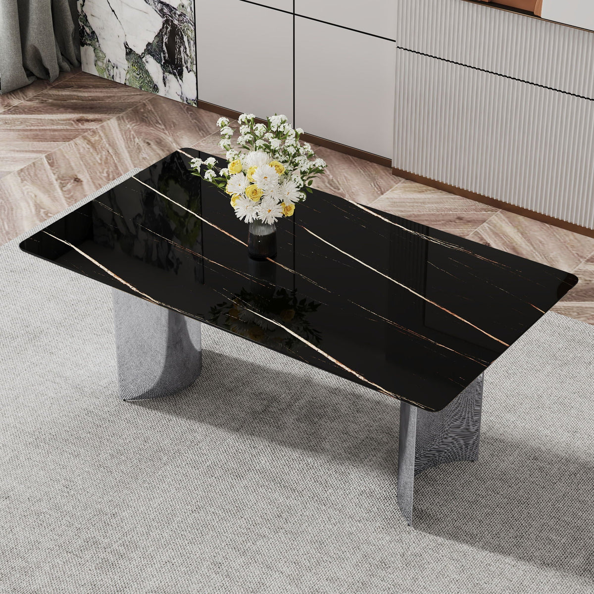 Modern Minimalist Dining Table with Marble Glass Top - White or Black, photo 5 of 8