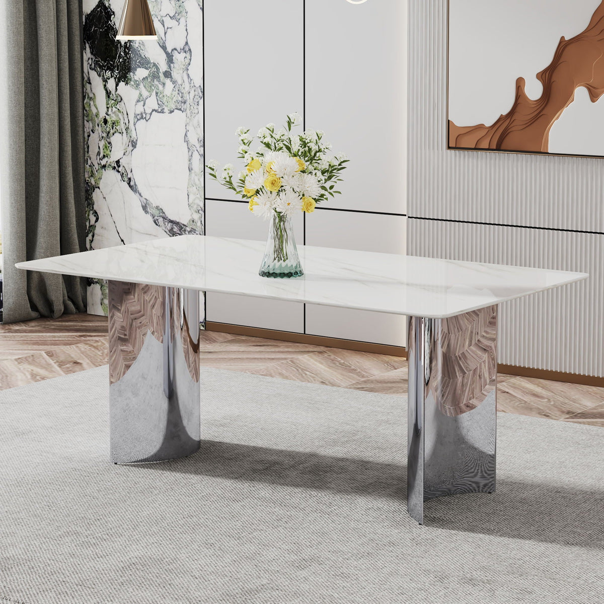 Modern Minimalist Dining Table with Marble Glass Top - White or Black, photo 7 of 8