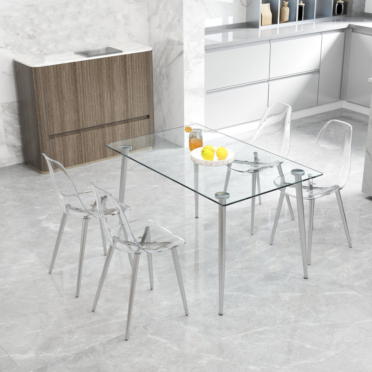 Modern Minimalist Transparent Dining Chair Set with Ergonomic PET Seat - Clear/Silver, photo 13 of 23