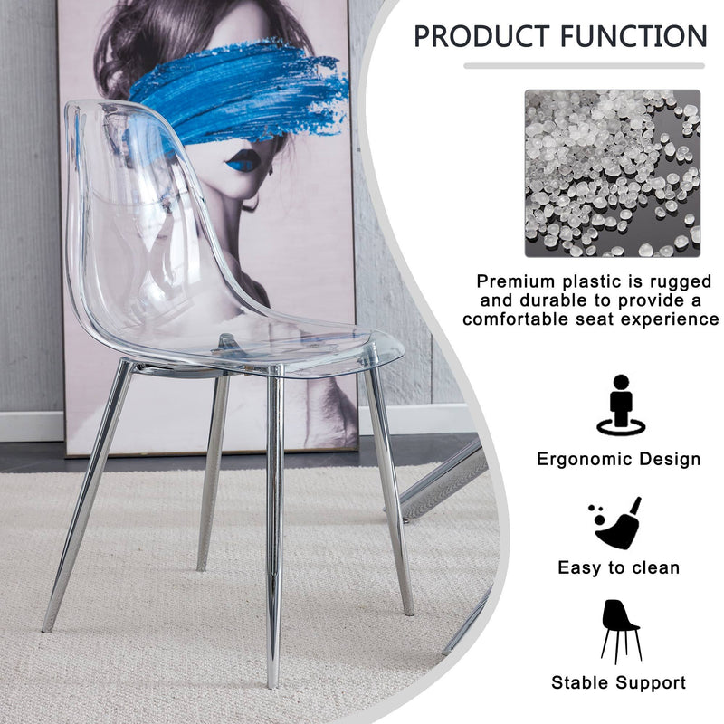 Modern Minimalist Transparent Dining Chair Set with Ergonomic PET Seat - Clear/Silver, photo 15 of 23