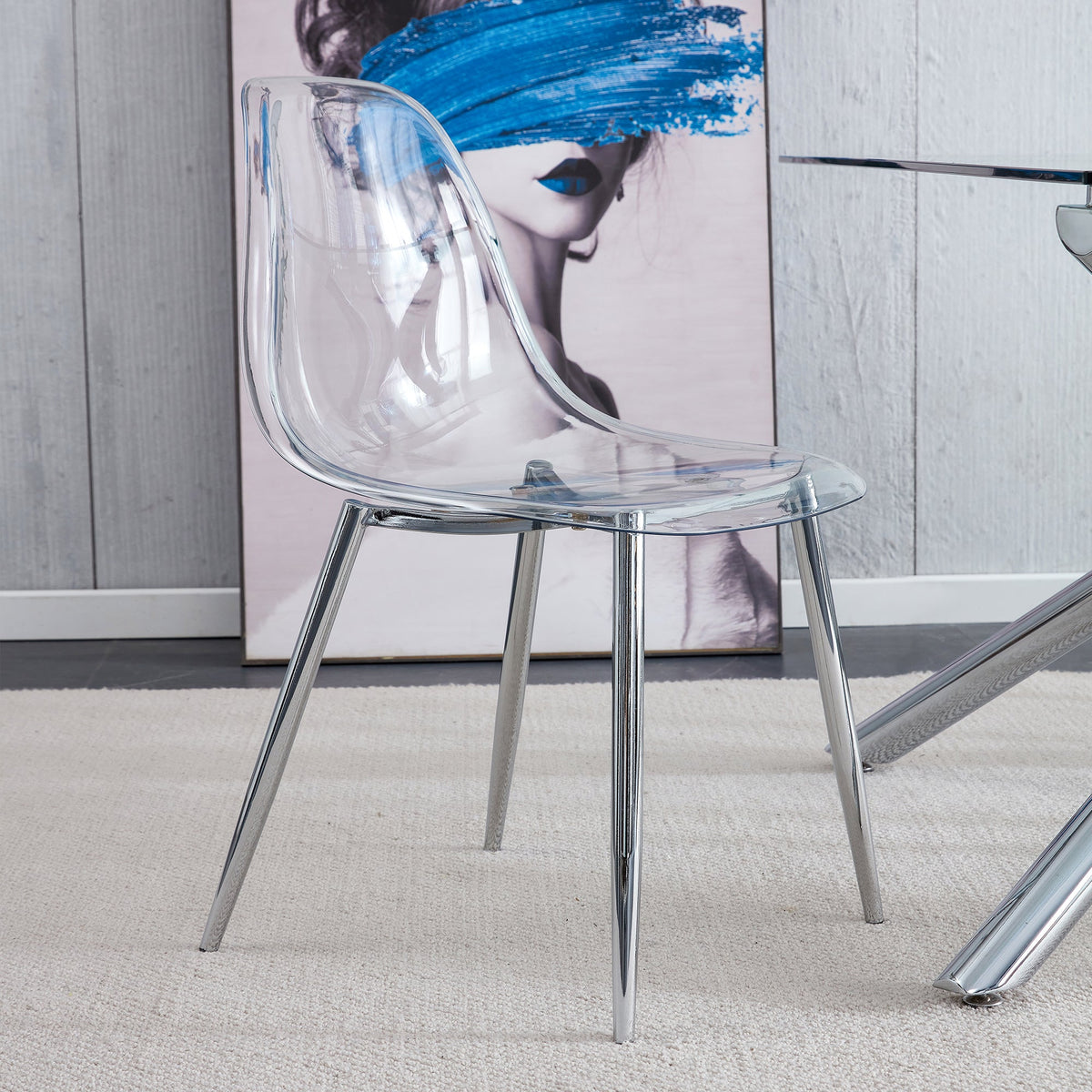 Modern Minimalist Transparent Dining Chair Set with Ergonomic PET Seat - Clear/Silver, photo 16 of 23