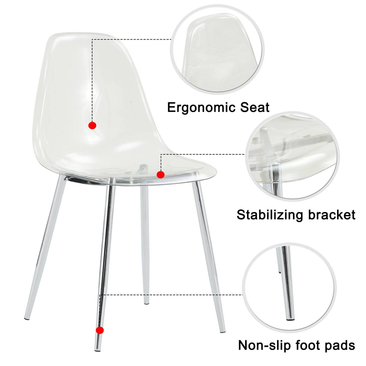 Modern Minimalist Transparent Dining Chair Set with Ergonomic PET Seat - Clear/Silver, photo 17 of 23