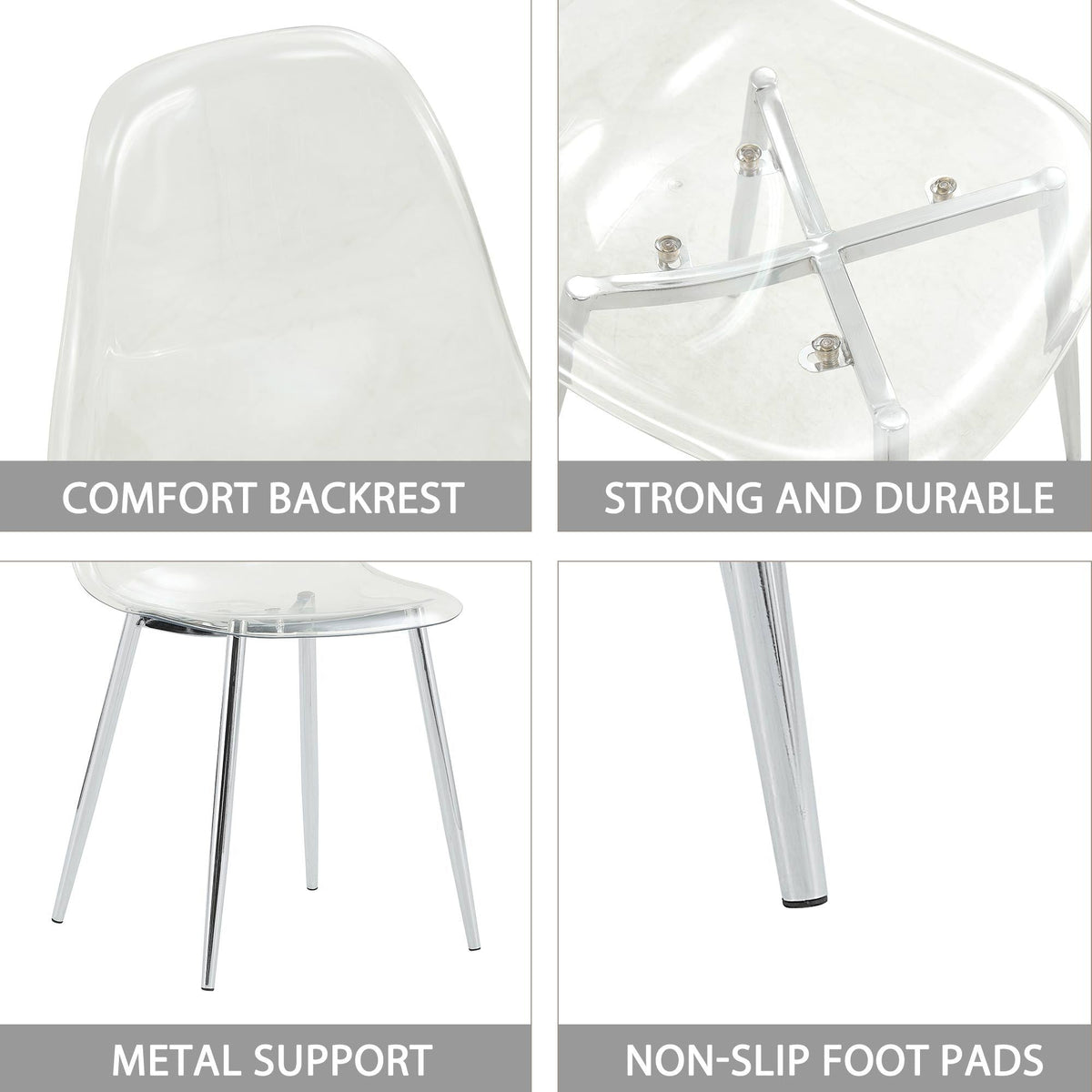 Modern Minimalist Transparent Dining Chair Set with Ergonomic PET Seat - Clear/Silver, photo 18 of 23