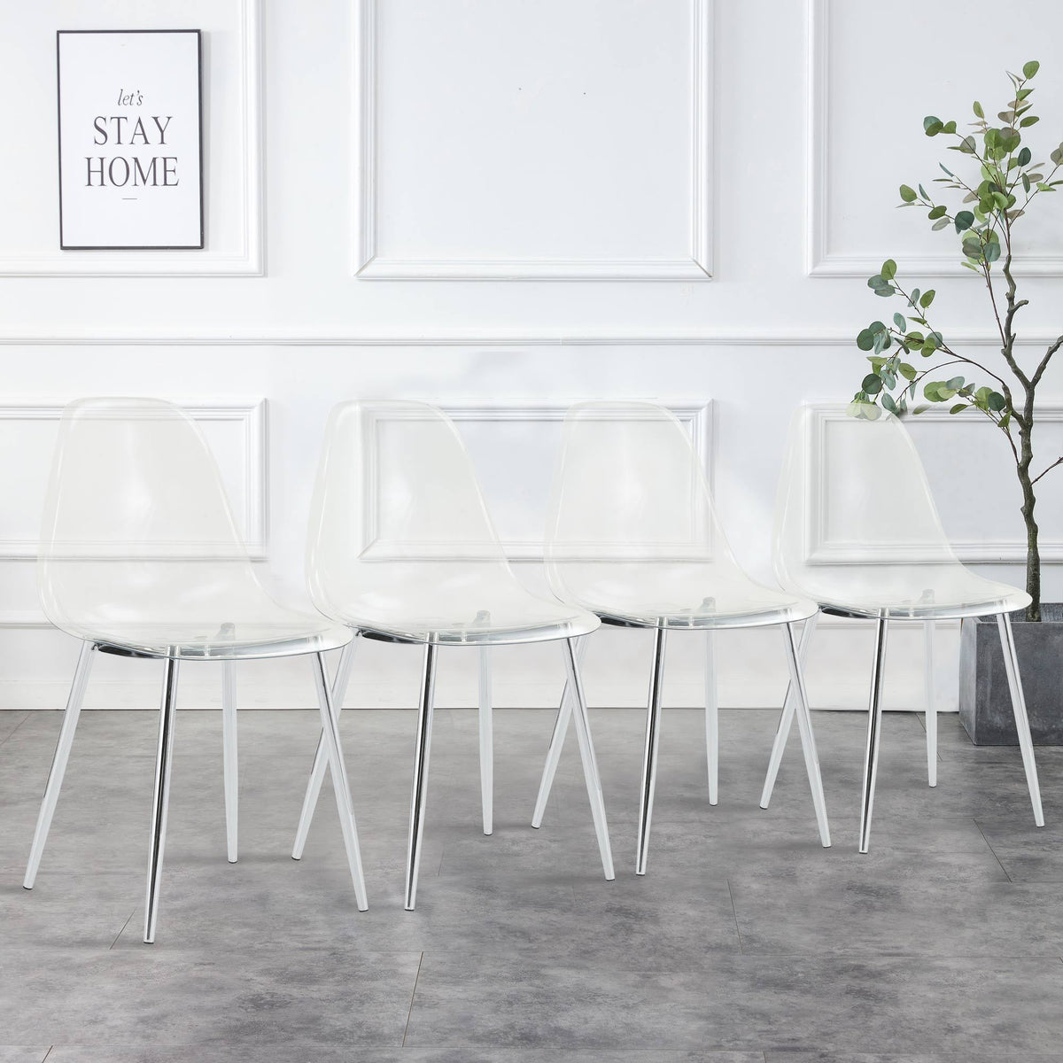 Modern Minimalist Transparent Dining Chair Set with Ergonomic PET Seat - Clear/Silver, photo 3 of 23