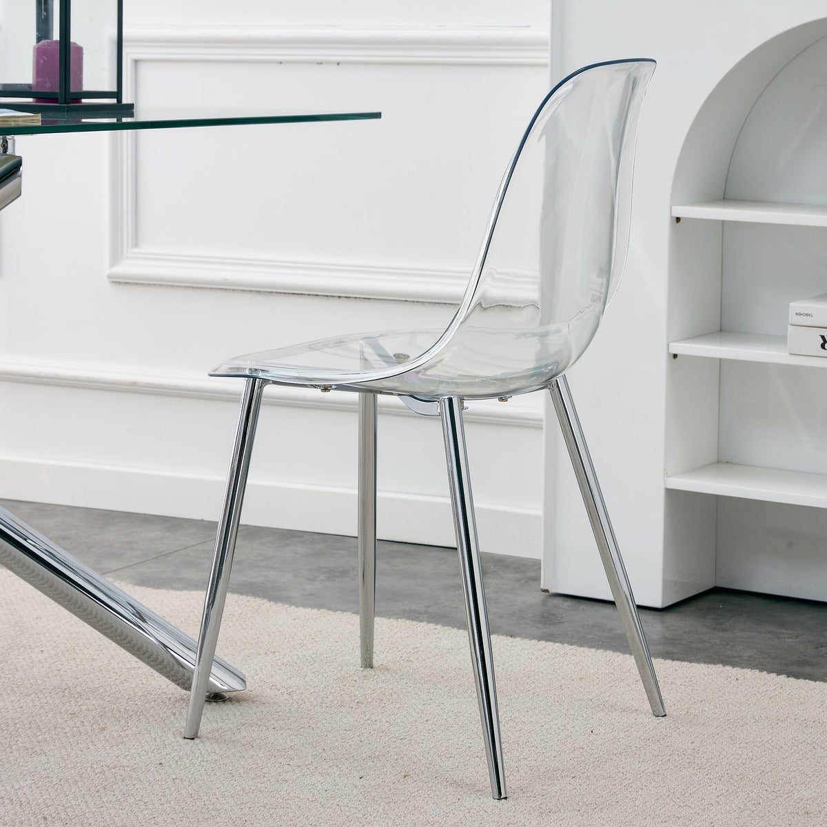 Modern Minimalist Transparent Dining Chair Set with Ergonomic PET Seat - Clear/Silver, photo 4 of 23