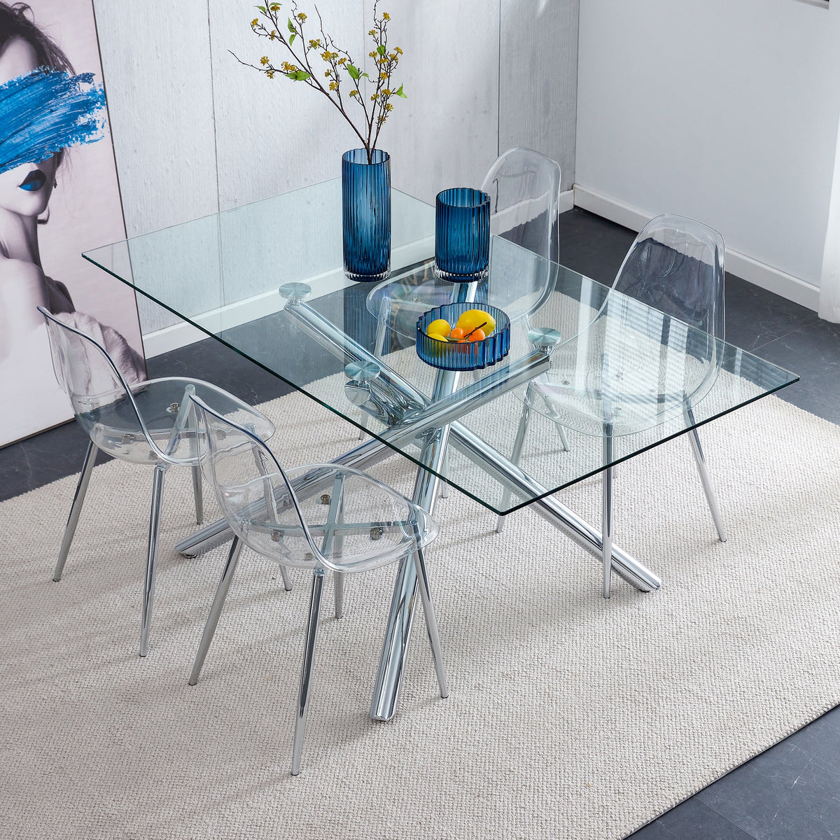 Modern Minimalist Transparent Dining Chair Set with Ergonomic PET Seat - Clear/Silver, photo 7 of 23