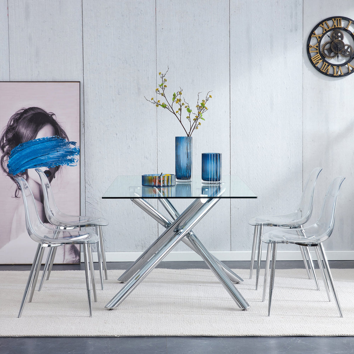 Modern Minimalist Transparent Dining Chair Set with Ergonomic PET Seat - Clear/Silver, photo 9 of 23