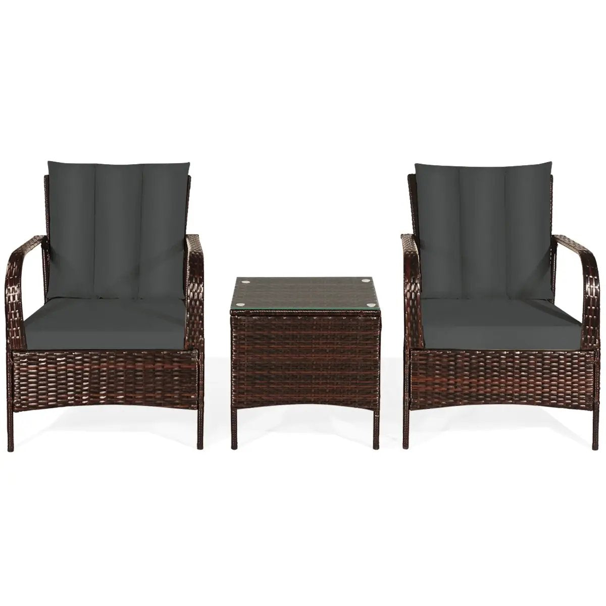 3 Pcs Patio Conversation Rattan Furniture Set with Glass Top Coffee Table and Cushions by DirectDeals