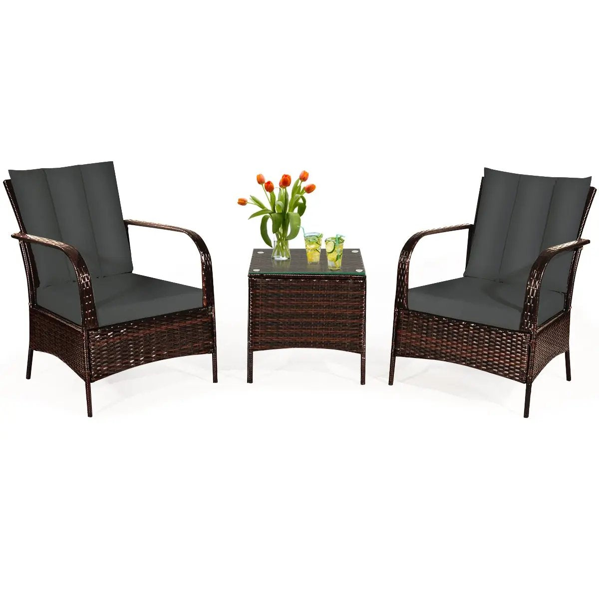 3 Pcs Patio Conversation Rattan Furniture Set with Glass Top Coffee Table and Cushions by DirectDeals