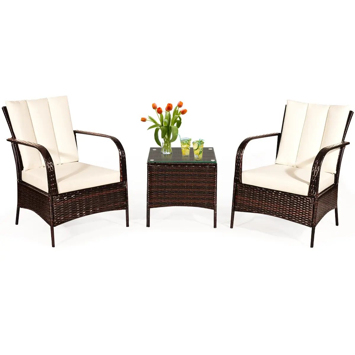 3 Pcs Patio Conversation Rattan Furniture Set with Glass Top Coffee Table and Cushions by DirectDeals